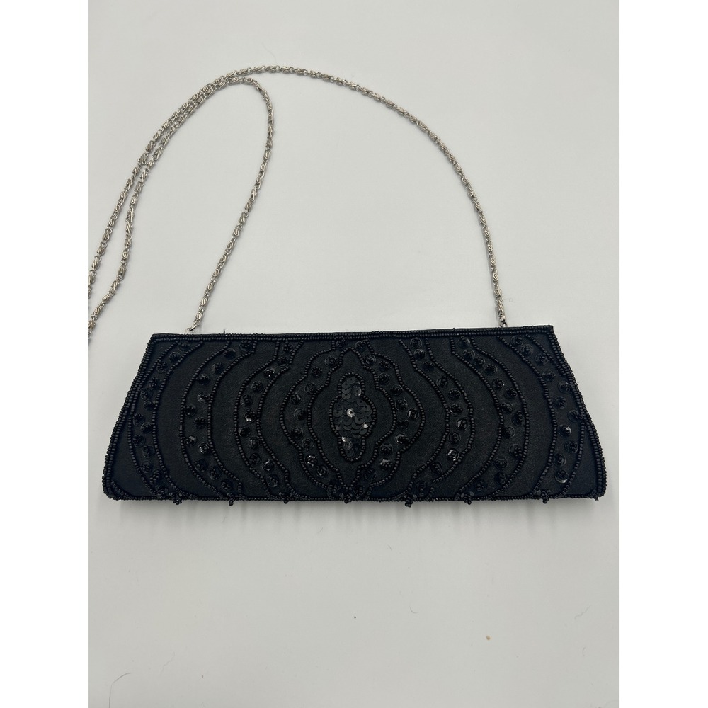 Bijoux Terner Black‎ Beaded Sequin Satin Evening Clutch Bag Silver Chain Strap